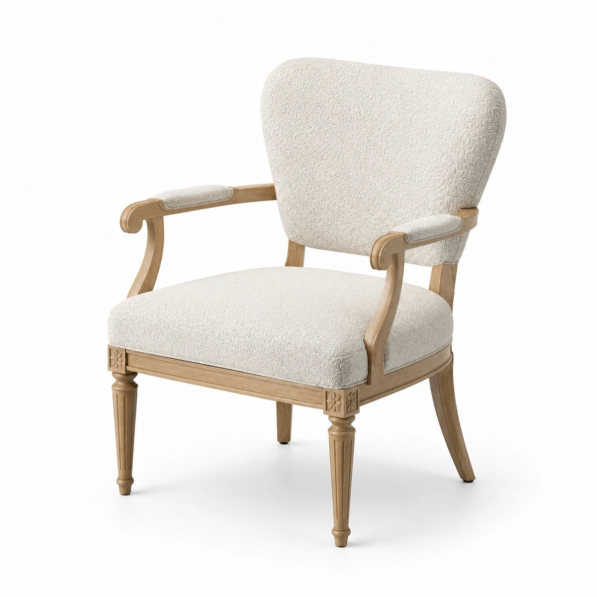 Klassischer Bouclé-Sessel in Creme und Naturholz, 70 x 75 x 100 cm