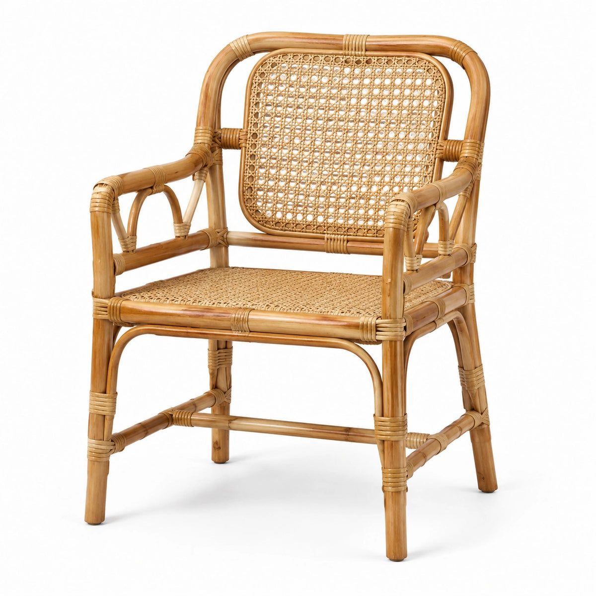Rattansessel mit Armlehnen in Natur, 65 × 65 × 90 cm, Boho-Stil