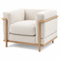 Moderner Loungesessel aus cremefarbenem Bouclé mit Naturholzgestell, 90 × 85 × 78 cm