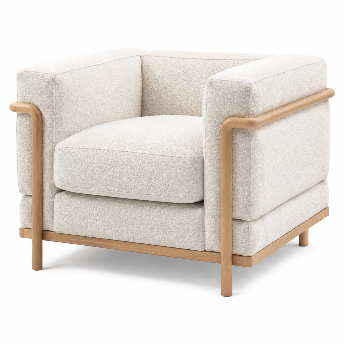 Moderner Loungesessel aus cremefarbenem Bouclé mit Naturholzgestell, 90 × 85 × 78 cm