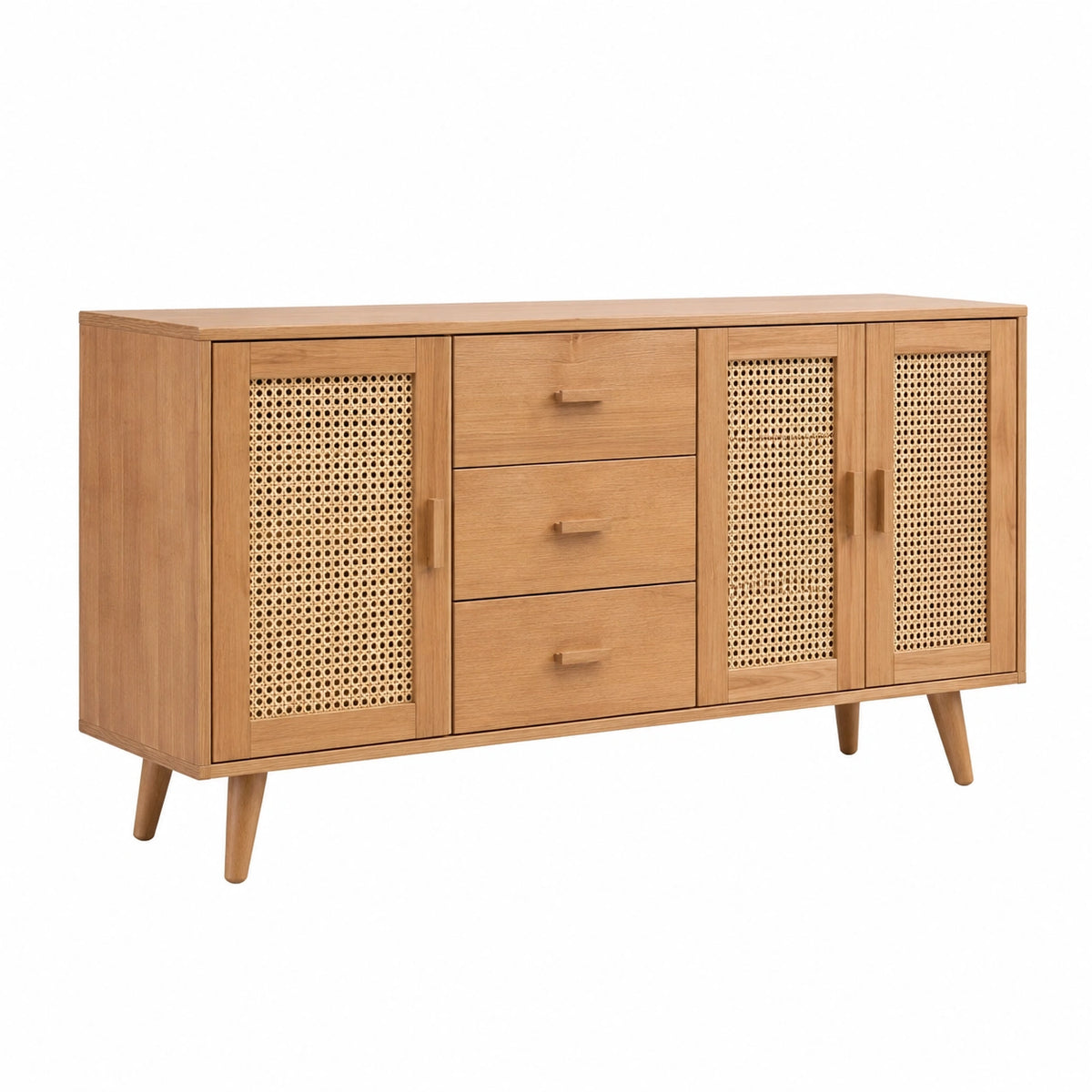 Sideboard 160 × 40 × 85 cm aus Holz mit Rattangeflecht, Natur/Beige, Mid-Century-Stil