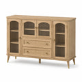 Retro-Sideboard 160 × 45 × 100 cm aus Naturholz mit Riffelglas, Rattangeflecht und goldfarbenen Griffen