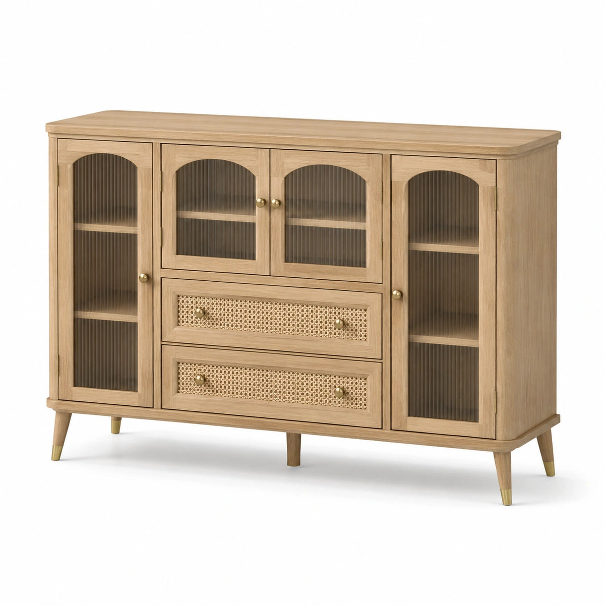 Retro-Sideboard 160 × 45 × 100 cm aus Naturholz mit Riffelglas, Rattangeflecht und goldfarbenen Griffen