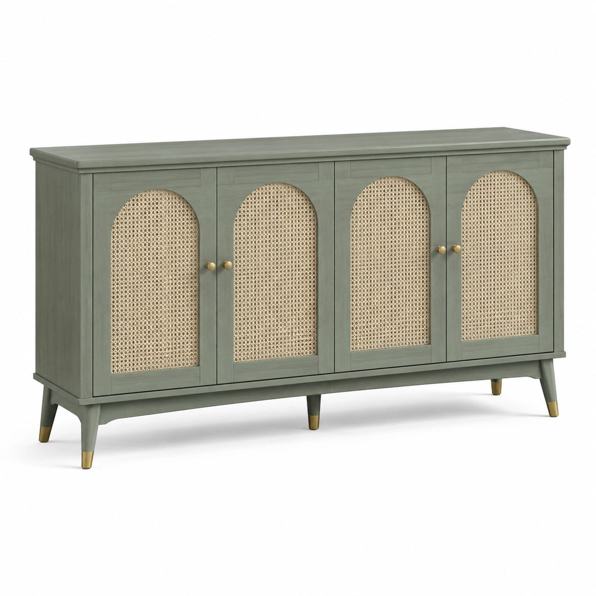 Retro-Sideboard 180 × 45 × 85 cm in Grüngrau mit Natur-Rattan und goldfarbenen Akzenten