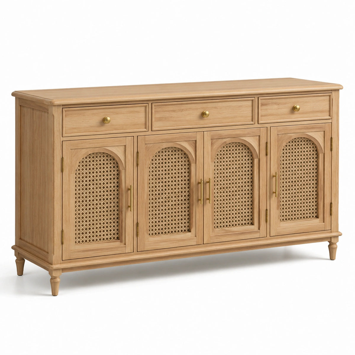 Sideboard aus Holz mit Rattangeflecht, Natur/Beige/Gold, 160 × 45 × 90 cm, 4 Türen und 3 Schubladen