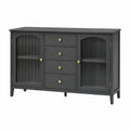Schwarzes Sideboard 160 × 40 × 85 cm mit geriffeltem Glas, 4 Schubladen und goldfarbenen Griffen