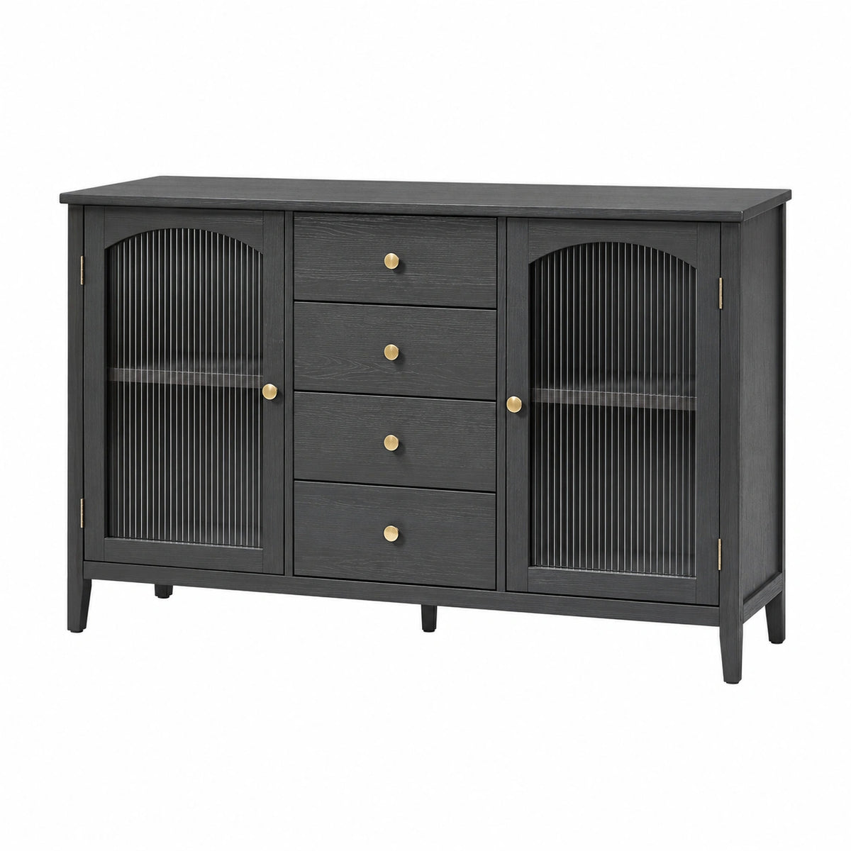 Schwarzes Sideboard 160 × 40 × 85 cm mit geriffeltem Glas, 4 Schubladen und goldfarbenen Griffen