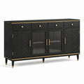 Art-déco-Sideboard aus Holz und Riffelglas, Schwarz/Gold, 180 × 45 × 90 cm