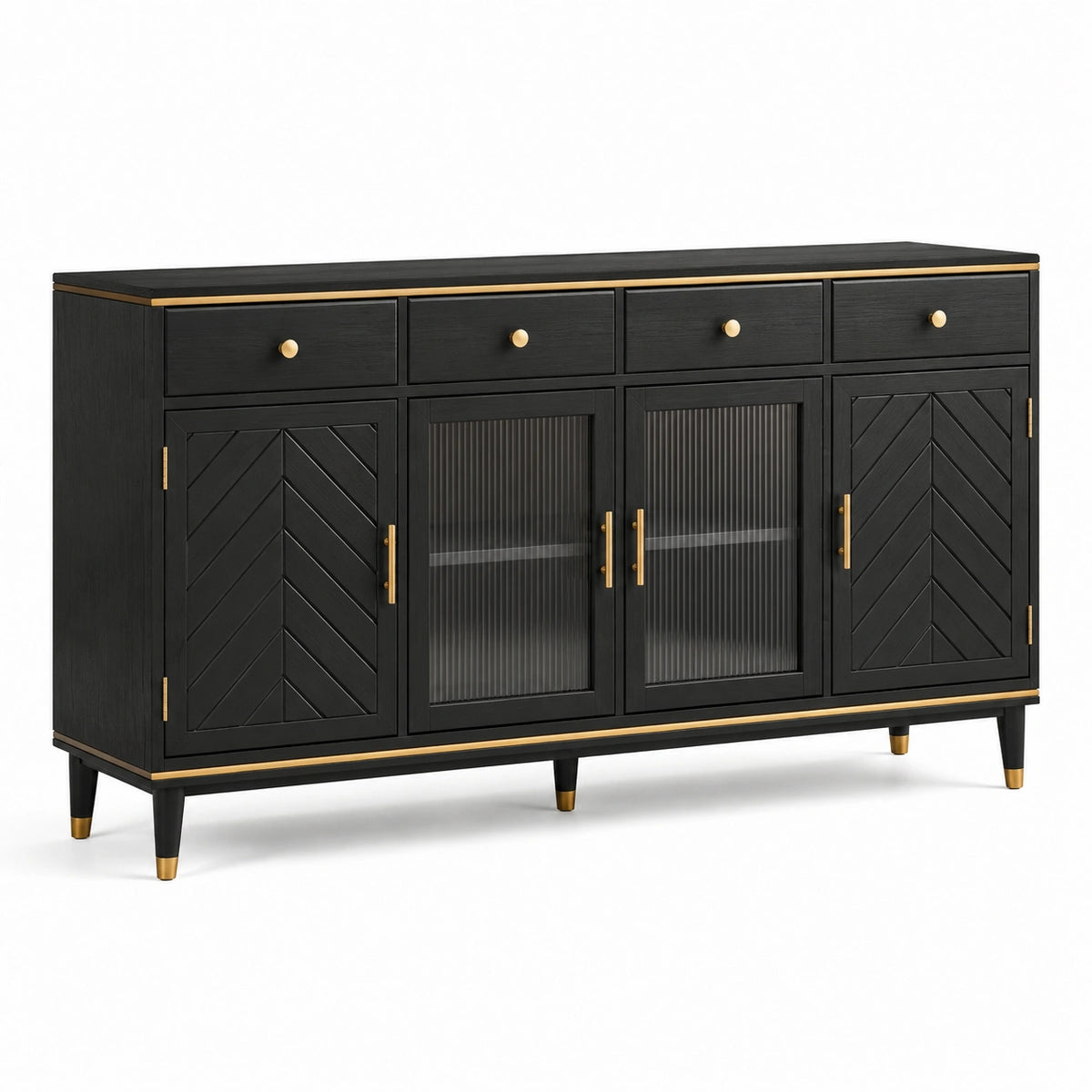 Art-déco-Sideboard aus Holz und Riffelglas, Schwarz/Gold, 180 × 45 × 90 cm