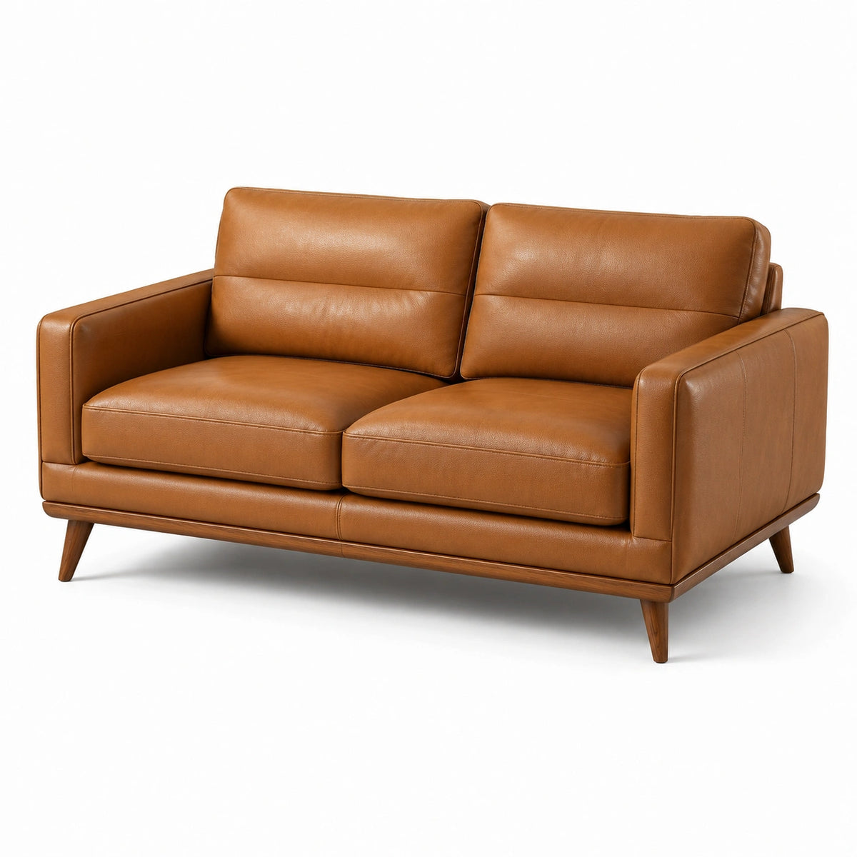 2-Sitzer-Sofa aus Leder in Cognac mit braunen Holzfüßen, 160 × 90 × 85 cm
