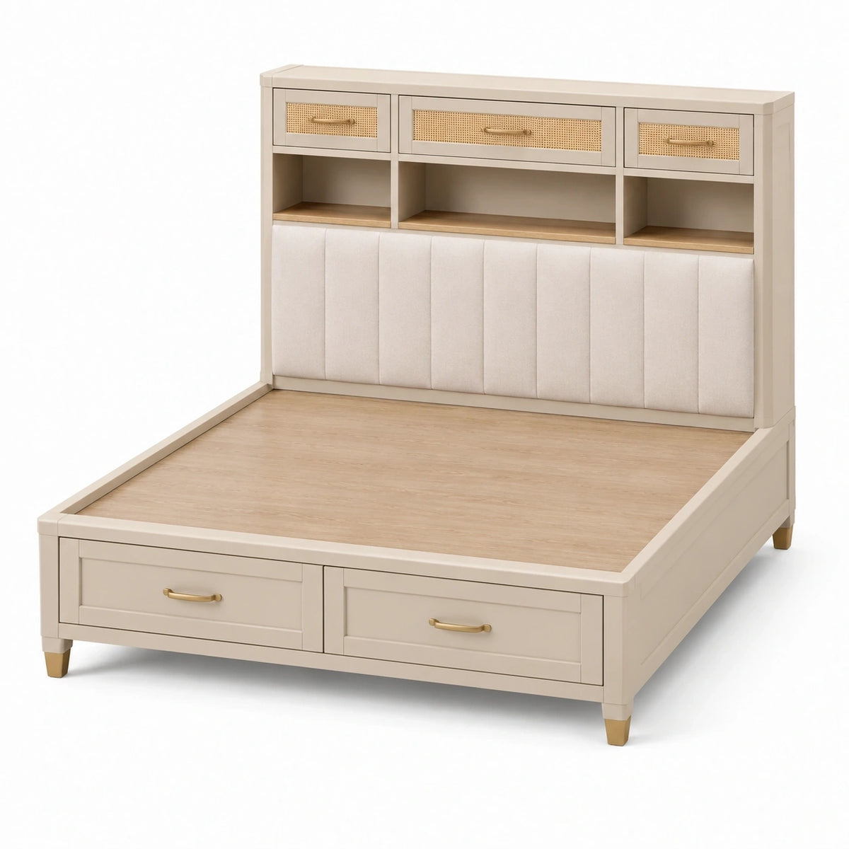 Bettgestell 160 x 200 cm in Beige, 166 x 215 x 150 cm, mit gepolstertem Kopfteil, Ablagen und 5 Schubladen