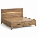 Stauraumbett aus Naturholz, 170 × 214 × 120 cm, für Matratzen 160 × 200 cm, mit LED-Beleuchtung und 2 Schubladen