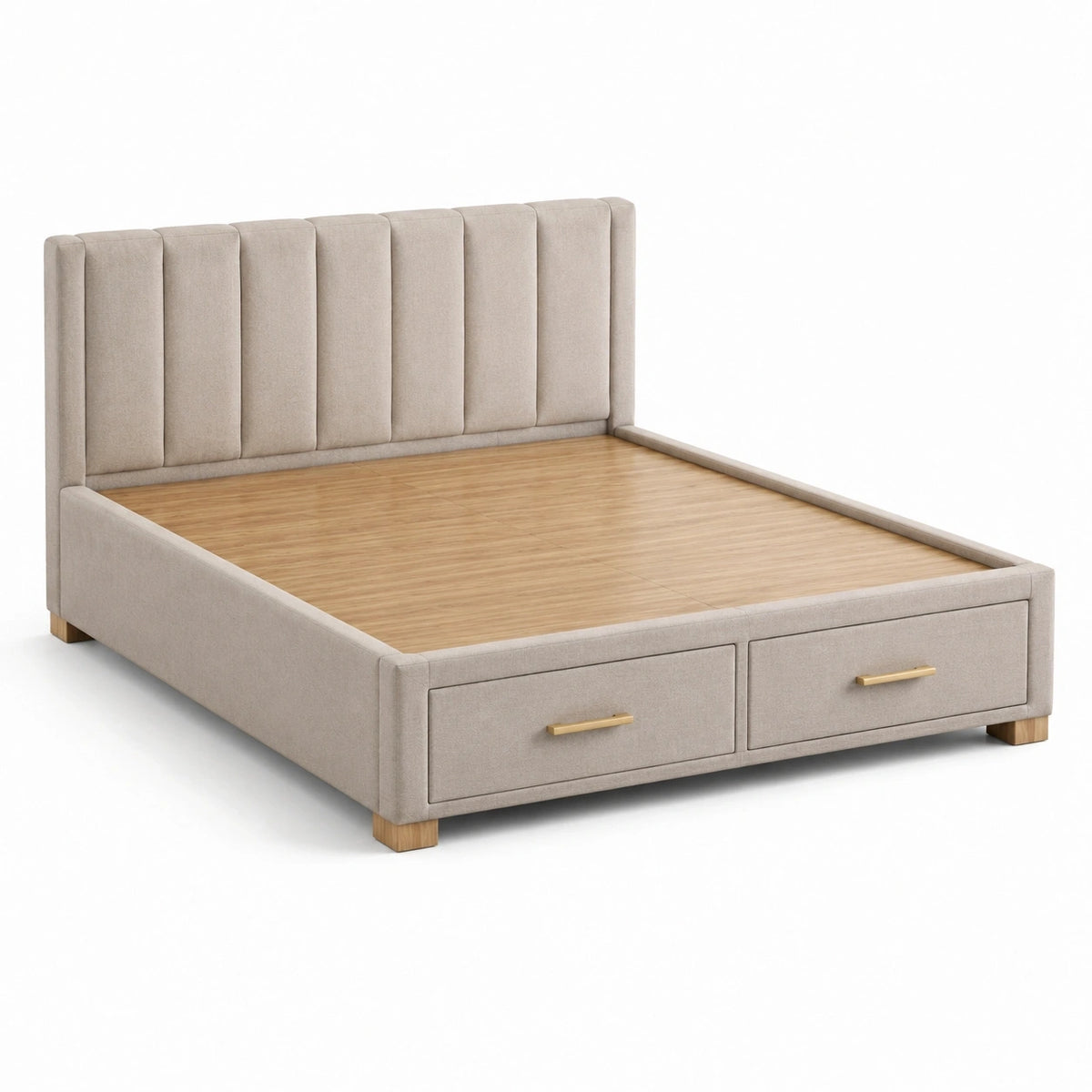 Polsterbett 160 × 200 cm in Beige mit gepolstertem Kopfteil, Holzlattenrost und 2 Schubladen
