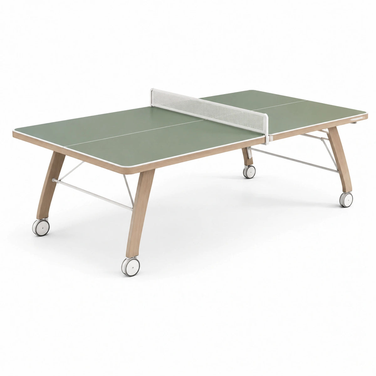 Tischtennistisch 274 × 152,5 × 76 cm in Grün, Natur und Weiß mit Netz und Rollen