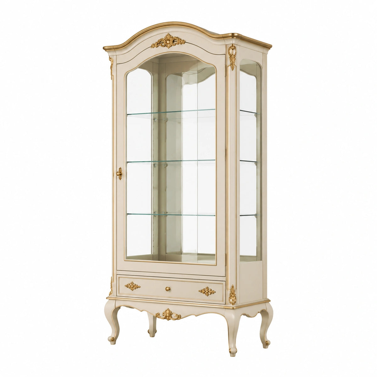 Klassische Vitrine 90 × 45 × 190 cm in Creme/Gold mit Glasböden und Schublade