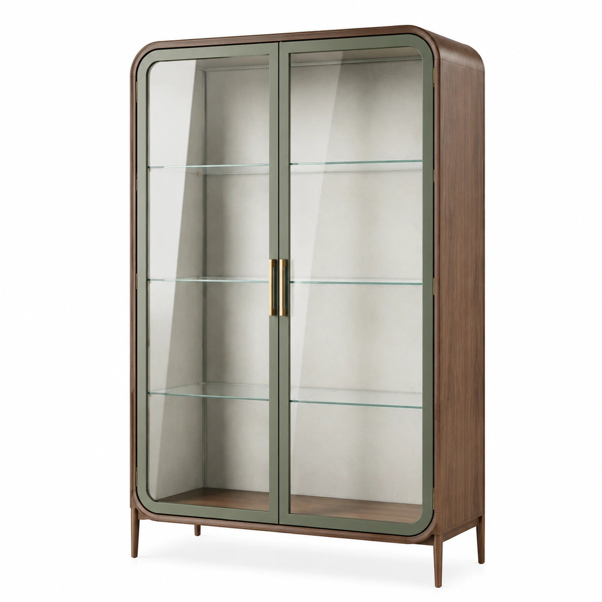 Vitrine 100 × 45 × 190 cm aus Holz, Glas und Metall in Nussbraun/Grün/Gold mit 2 Türen