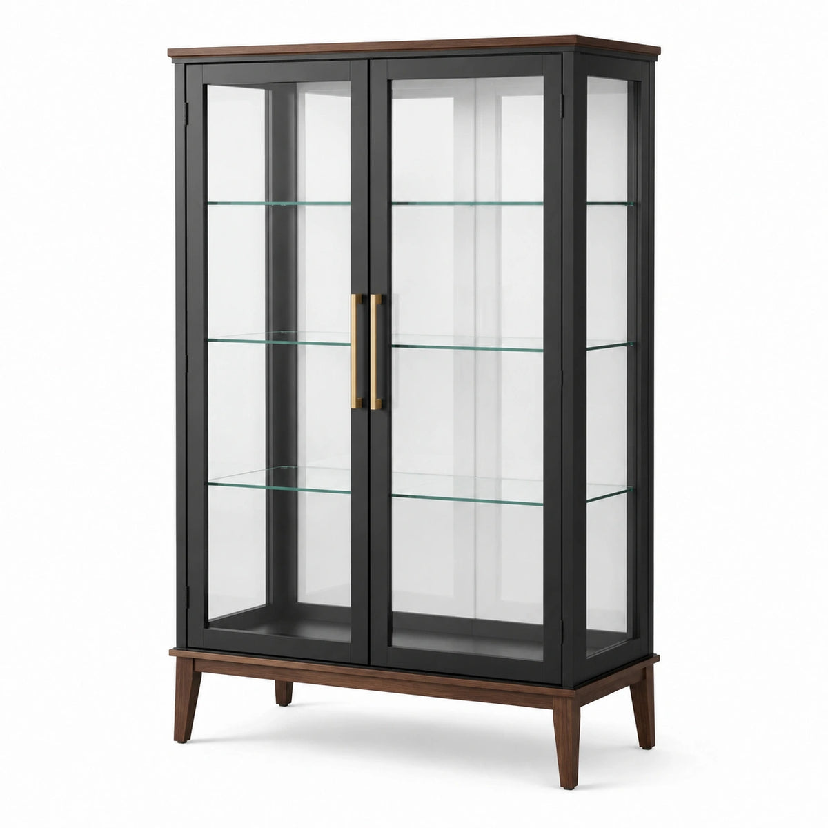 Vitrine 90 × 40 × 180 cm mit 2 Glastüren, Schwarz/Walnussbraun/Goldfarben
