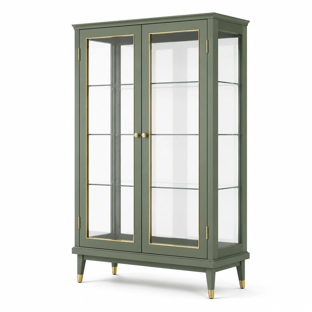 Grüne Vitrine mit Glastüren und Glasböden, 90 × 40 × 180 cm, Grün/Gold