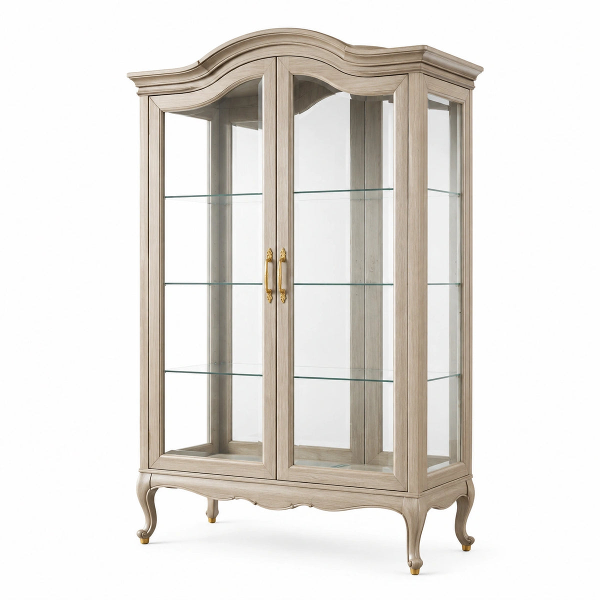 Klassische Holz-Glasvitrine mit 2 Glastüren, Beige/Transparent/Gold, 100 × 45 × 190 cm