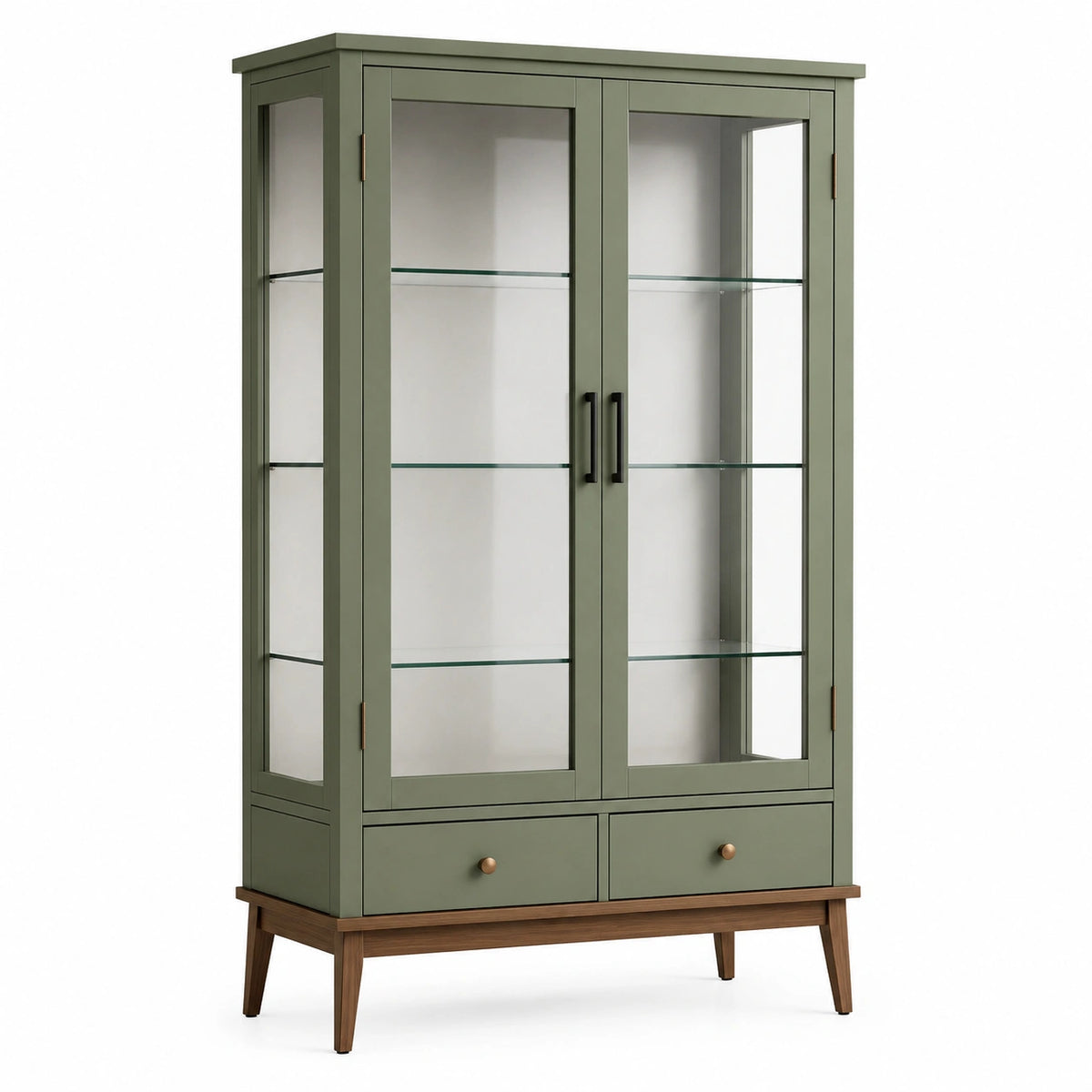Holz-Glas-Vitrine 90 × 40 × 180 cm in Grün und Braun mit 2 Türen und 2 Schubladen